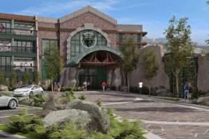 A rendering of the front entrance of the Stone Hotel